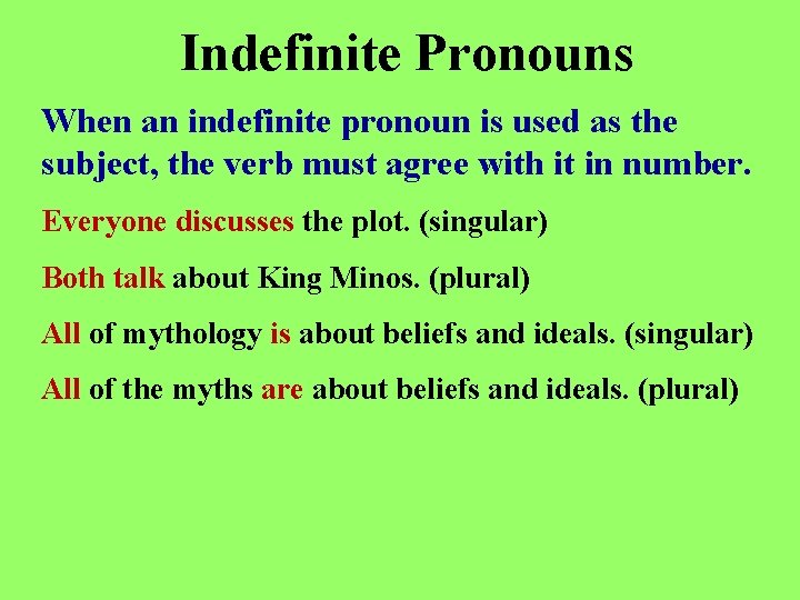 Indefinite Pronouns When an indefinite pronoun is used as the subject, the verb must