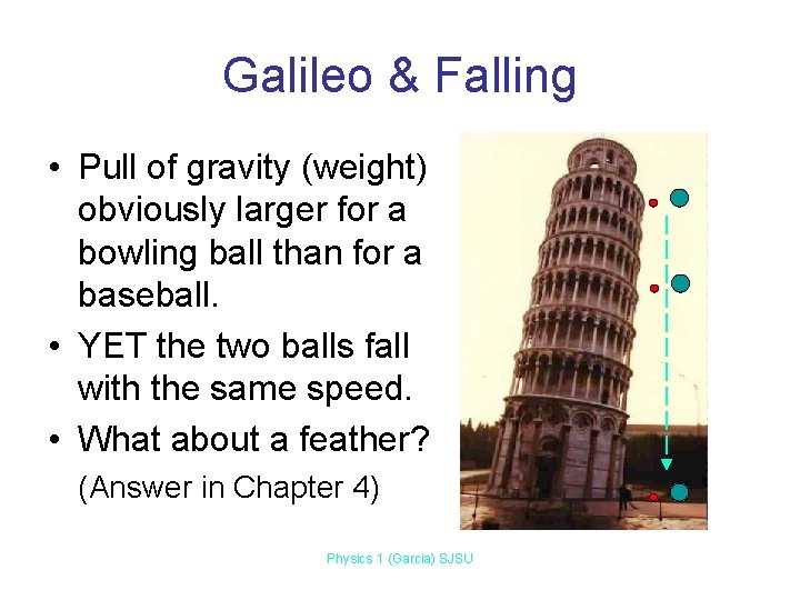 Galileo & Falling • Pull of gravity (weight) obviously larger for a bowling ball Galileo & Falling • Pull of gravity (weight) obviously larger for a bowling ball