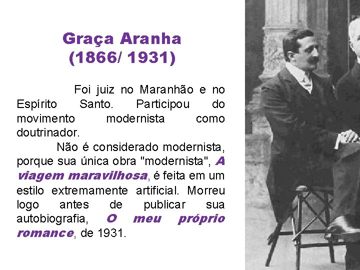 Graça Aranha (1866/ 1931) Foi juiz no Maranhão e no Espírito Santo. Participou do