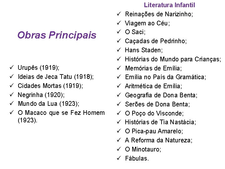 Obras Principais ü ü ü Urupês (1919); Ideias de Jeca Tatu (1918); Cidades Mortas