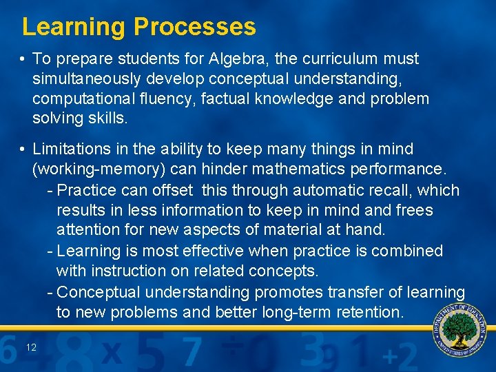 Learning Process Math Foundations for Success National Mathematics Advisory Panel National