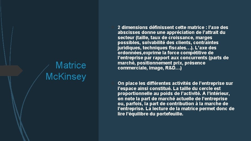 Matrice Mc. Kinsey 2 dimensions définissent cette matrice : l’axe des abscisses donne une