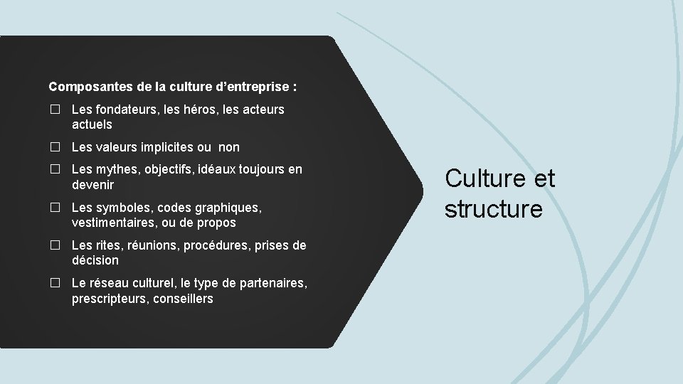 Composantes de la culture d’entreprise : � Les fondateurs, les héros, les acteurs actuels