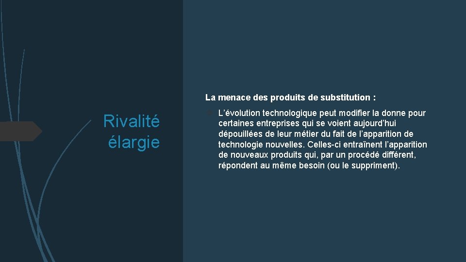 La menace des produits de substitution : Rivalité élargie L’évolution technologique peut modifier la