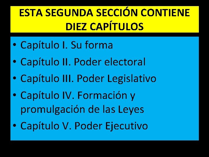 ESTA SEGUNDA SECCIÓN CONTIENE DIEZ CAPÍTULOS Capítulo I. Su forma Capítulo II. Poder electoral