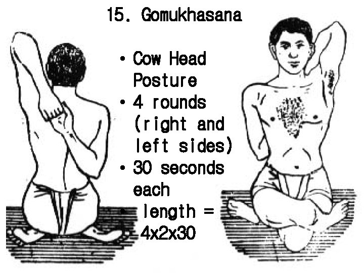 15. Gomukhasana • Cow Head Posture • 4 rounds (right and left sides) •