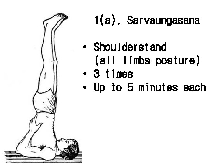 1(a). Sarvaungasana • Shoulderstand (all limbs posture) • 3 times • Up to 5 1(a). Sarvaungasana • Shoulderstand (all limbs posture) • 3 times • Up to 5