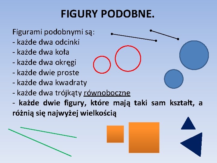 FIGURY PODOBNE. Figurami podobnymi są: - każde dwa odcinki - każde dwa koła -