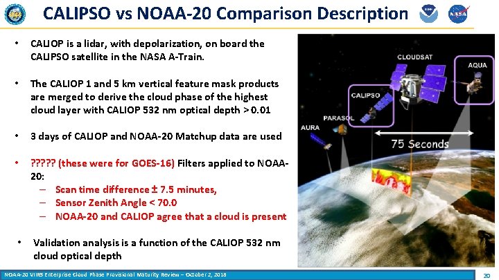 CALIPSO vs NOAA-20 Comparison Description • CALIOP is a lidar, with depolarization, on board