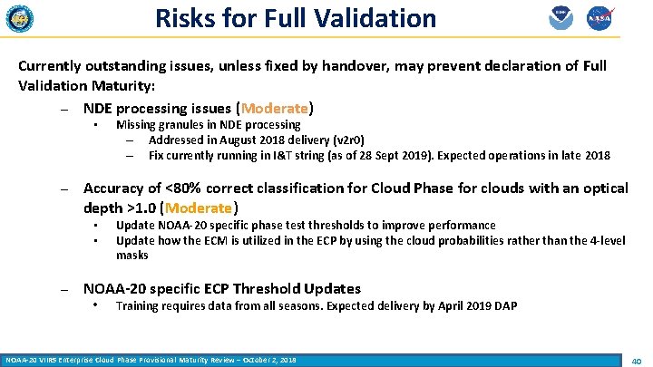 Risks for Full Validation Currently outstanding issues, unless fixed by handover, may prevent declaration