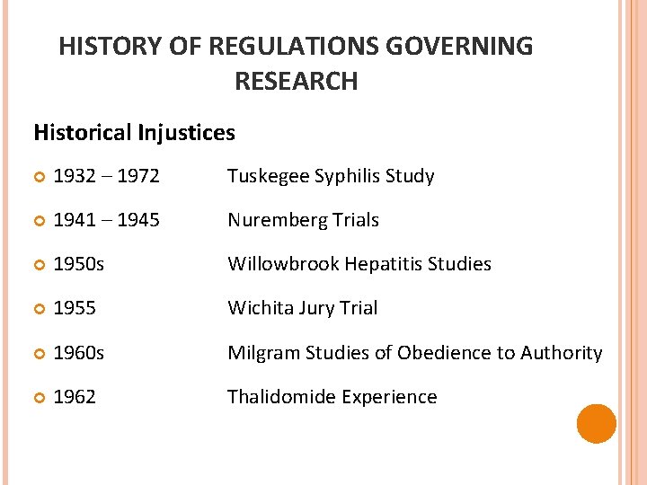 HISTORY OF REGULATIONS GOVERNING RESEARCH Historical Injustices 1932 – 1972 Tuskegee Syphilis Study 1941