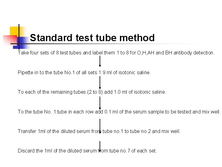 Standard test tube method Take four sets of 8 test tubes and label them
