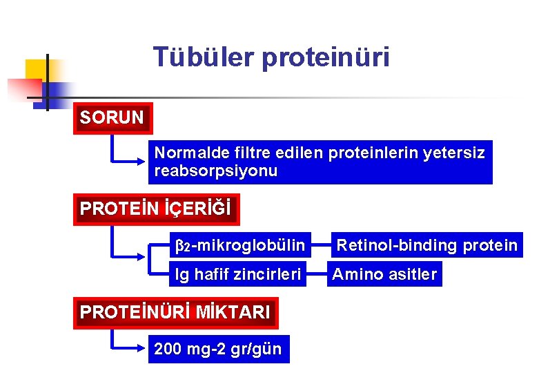 Tübüler proteinüri SORUN Normalde filtre edilen proteinlerin yetersiz reabsorpsiyonu PROTEİN İÇERİĞİ 2 -mikroglobülin Retinol-binding