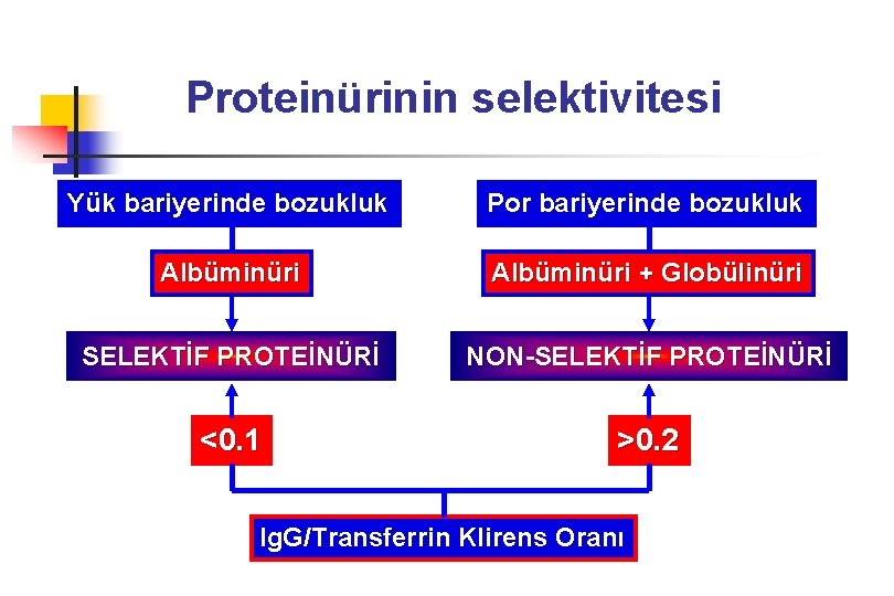 Proteinürinin selektivitesi Yük bariyerinde bozukluk Por bariyerinde bozukluk Albüminüri + Globülinüri SELEKTİF PROTEİNÜRİ NON-SELEKTİF