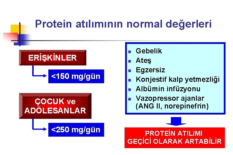 Protein atılımının normal değerleri ERİŞKİNLER <150 mg/gün n n ÇOCUK ve ADÖLESANLAR <250 mg/gün