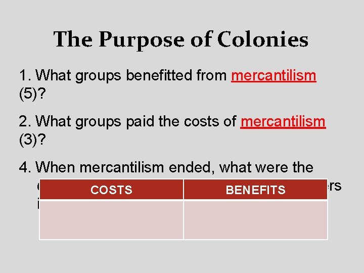 The Purpose of Colonies 1. What groups benefitted from mercantilism (5)? 2. What groups