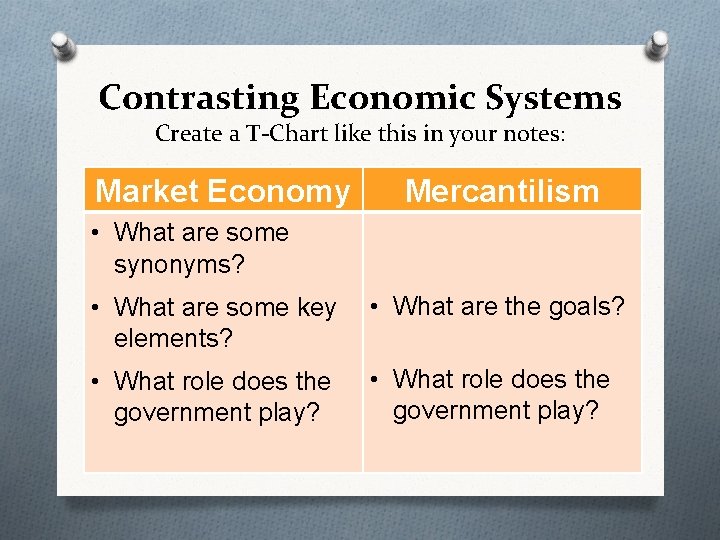 Contrasting Economic Systems Create a T-Chart like this in your notes: Market Economy Mercantilism