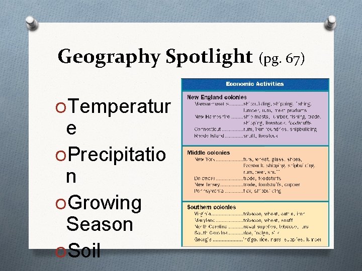 Geography Spotlight (pg. 67) OTemperatur e OPrecipitatio n OGrowing Season OSoil 