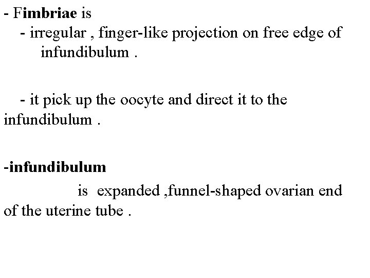 - Fimbriae is - irregular , finger-like projection on free edge of infundibulum. -