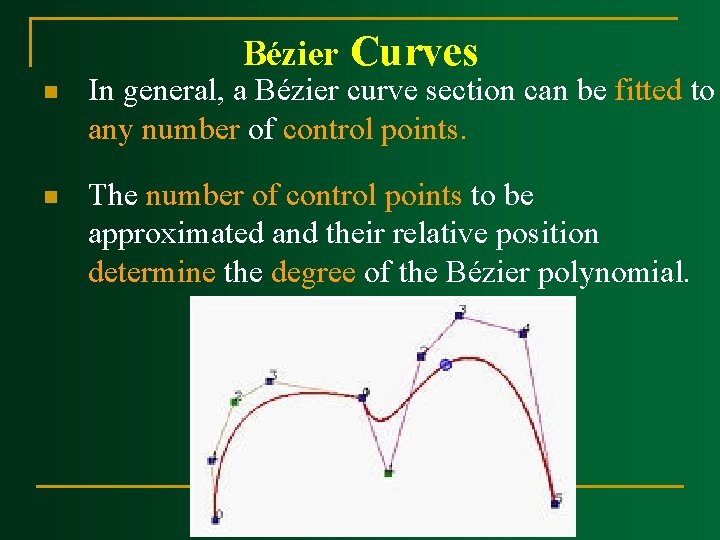 Bézier Curves n In general, a Bézier curve section can be fitted to any