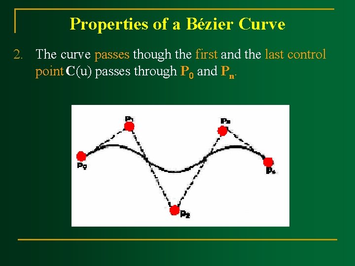 Properties of a Bézier Curve 2. The curve passes though the first and the