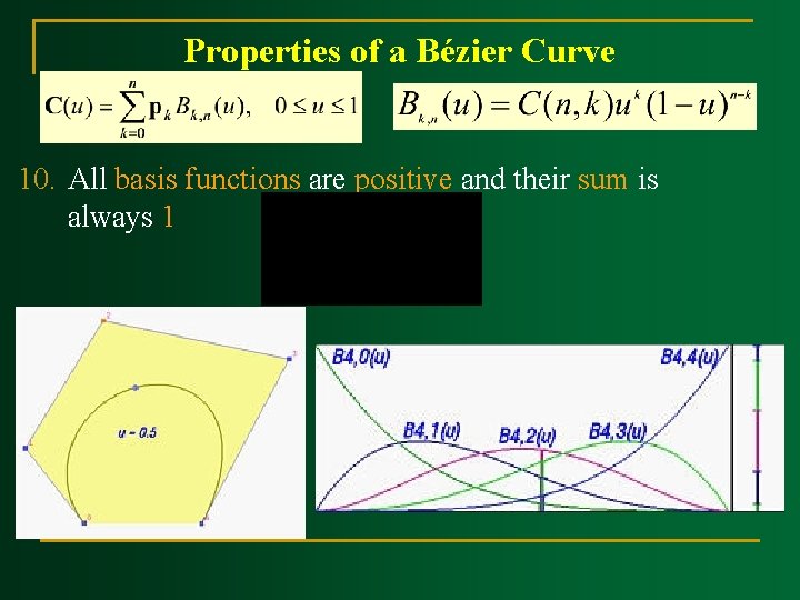 Properties of a Bézier Curve 10. All basis functions are positive and their sum