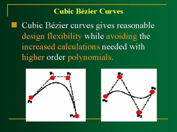 Cubic Bézier Curves n Cubic Bézier curves gives reasonable design flexibility while avoiding the