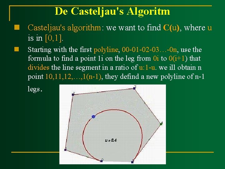 De Casteljau's Algoritm n Casteljau's algorithm: we want to find C(u), where u is