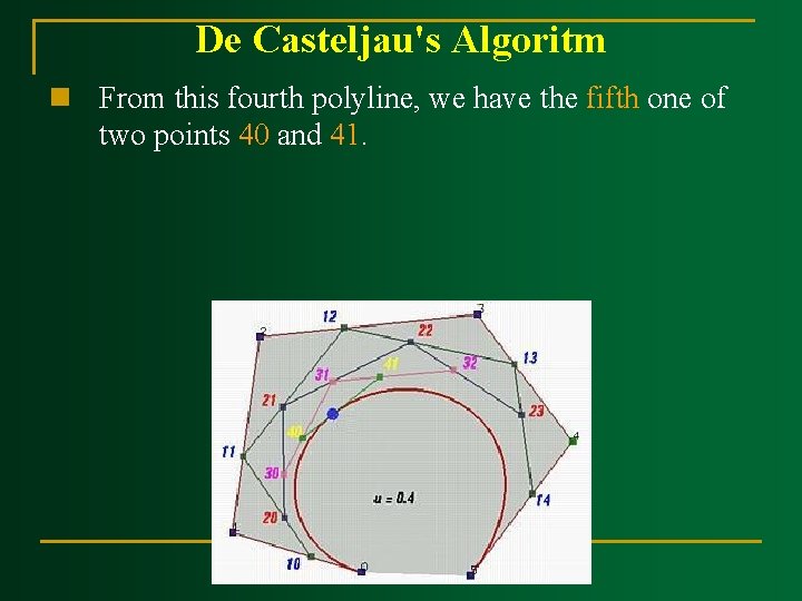 De Casteljau's Algoritm n From this fourth polyline, we have the fifth one of