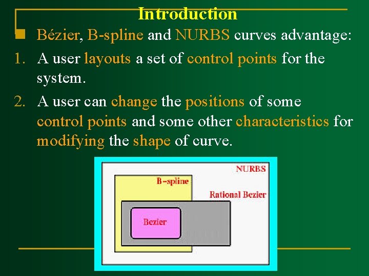 Introduction n Bézier, B-spline and NURBS curves advantage: 1. A user layouts a set