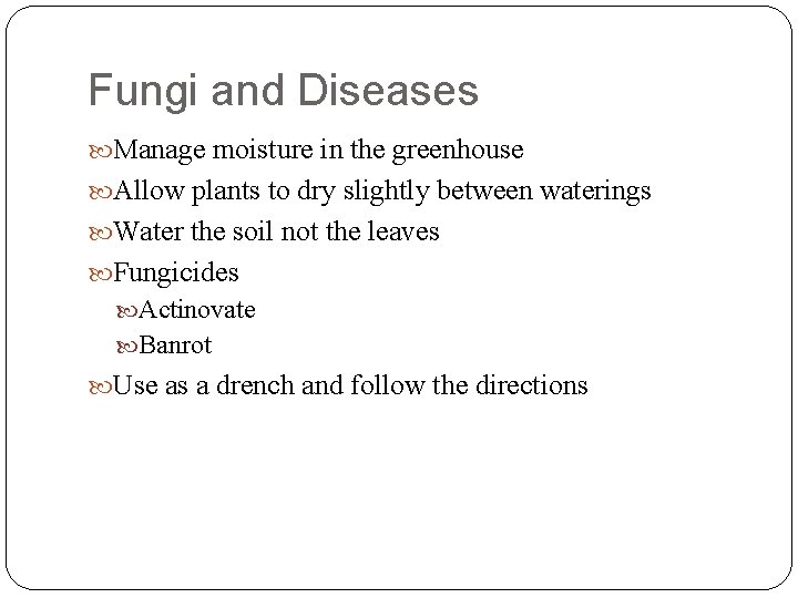 Fungi and Diseases Manage moisture in the greenhouse Allow plants to dry slightly between