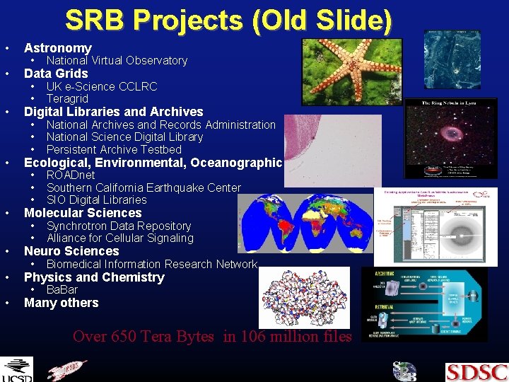 SRB Projects (Old Slide) • Astronomy • Data Grids • Digital Libraries and Archives