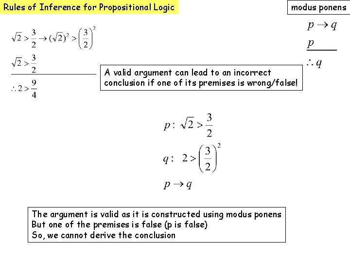 Rules of Inference for Propositional Logic modus ponens A valid argument can lead to