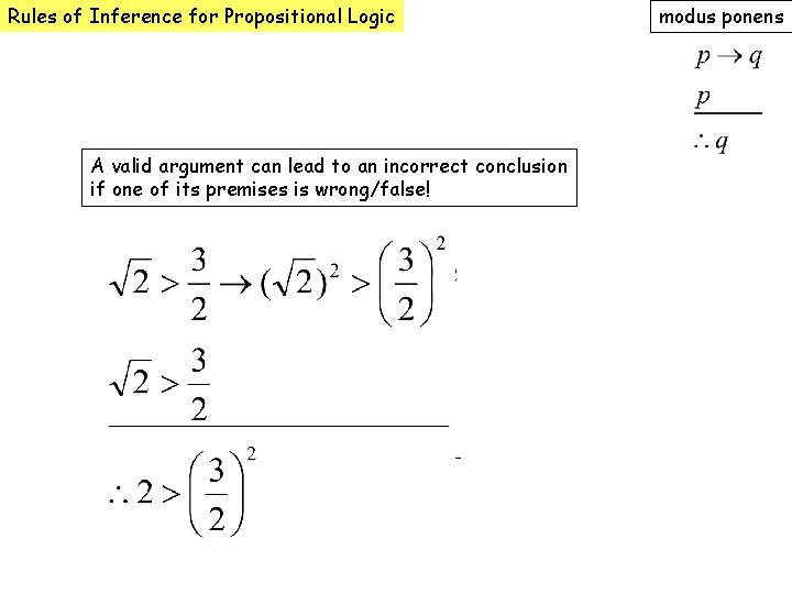 Rules of Inference for Propositional Logic A valid argument can lead to an incorrect