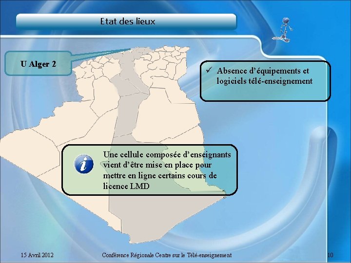 Etat des lieux U Alger 2 ü Absence d’équipements et logiciels télé-enseignement Une cellule