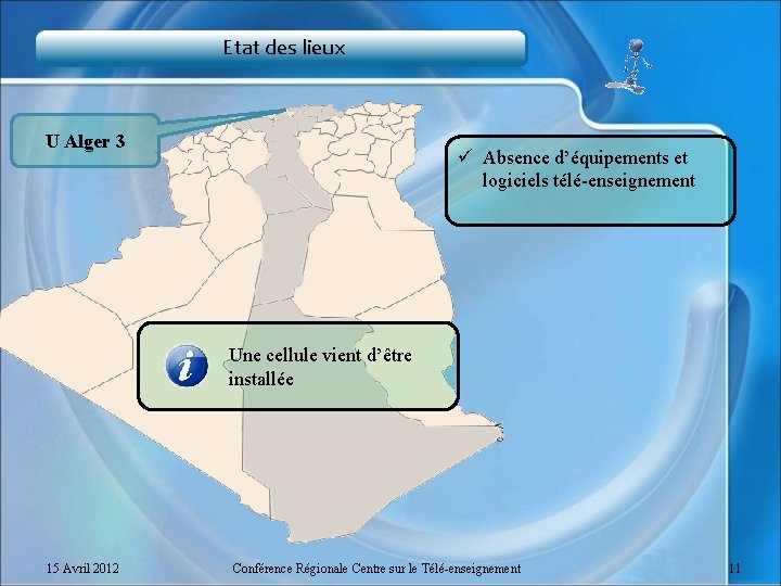 Etat des lieux U Alger 3 ü Absence d’équipements et logiciels télé-enseignement Une cellule