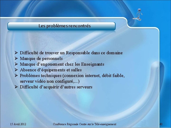 Les problèmes rencontrés Ø Ø Ø Difficulté de trouver un Responsable dans ce domaine