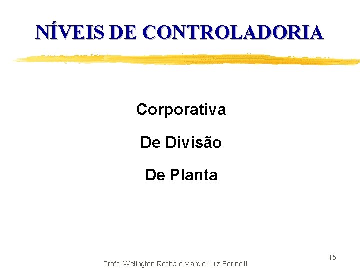 NÍVEIS DE CONTROLADORIA Corporativa De Divisão De Planta Profs. Welington Rocha e Márcio Luiz