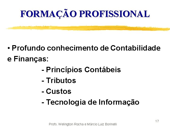 FORMAÇÃO PROFISSIONAL • Profundo conhecimento de Contabilidade e Finanças: - Princípios Contábeis - Tributos