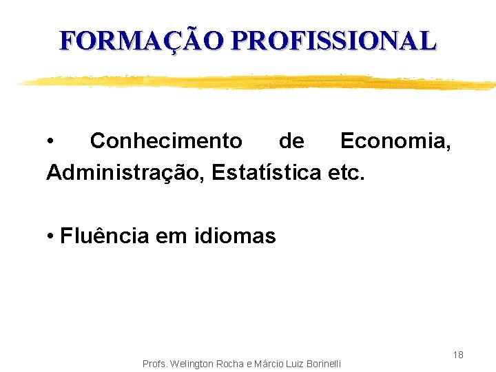 FORMAÇÃO PROFISSIONAL • Conhecimento de Economia, Administração, Estatística etc. • Fluência em idiomas Profs.