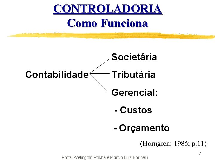 CONTROLADORIA Como Funciona Societária Contabilidade Tributária Gerencial: - Custos - Orçamento (Horngren: 1985; p.