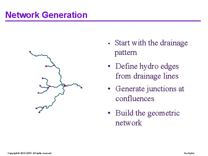 Network Generation • Start with the drainage pattern • Define hydro edges from drainage Network Generation • Start with the drainage pattern • Define hydro edges from drainage