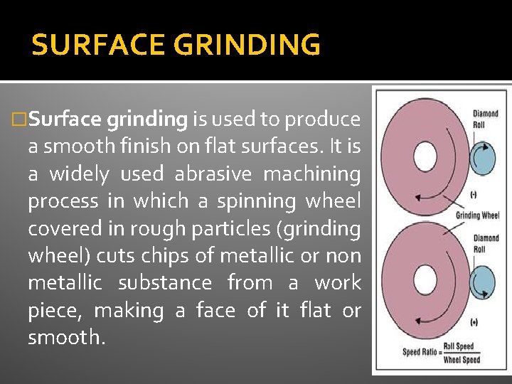 SURFACE GRINDING �Surface grinding is used to produce a smooth finish on flat surfaces.