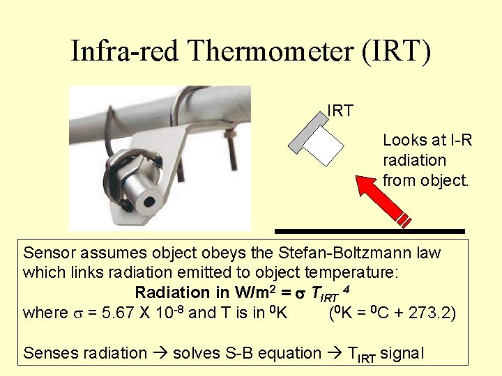 Infra-red Thermometer (IRT) IRT Looks at I-R radiation from object. Sensor assumes object obeys