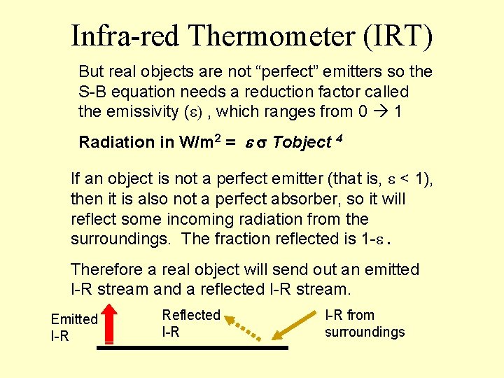 Infra-red Thermometer (IRT) But real objects are not “perfect” emitters so the S-B equation