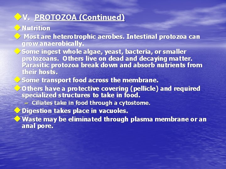 u. V. PROTOZOA (Continued) u Nutrition u Most are heterotrophic aerobes. Intestinal protozoa can u. V. PROTOZOA (Continued) u Nutrition u Most are heterotrophic aerobes. Intestinal protozoa can
