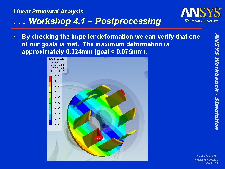 Linear Structural Analysis . . . Workshop 4. 1 – Postprocessing Workshop Supplement ANSYS