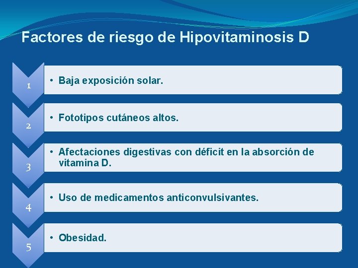 Factores de riesgo de Hipovitaminosis D 1 2 3 4 5 • Baja exposición