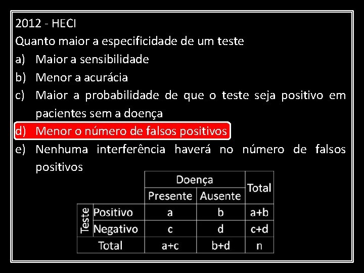 2012 - HECI Quanto maior a especificidade de um teste a) Maior a sensibilidade