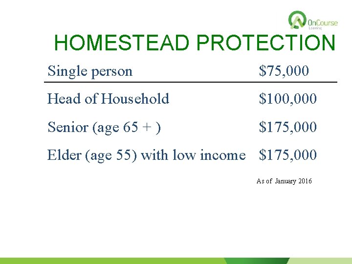 HOMESTEAD PROTECTION Single person $75, 000 Head of Household $100, 000 Senior (age 65